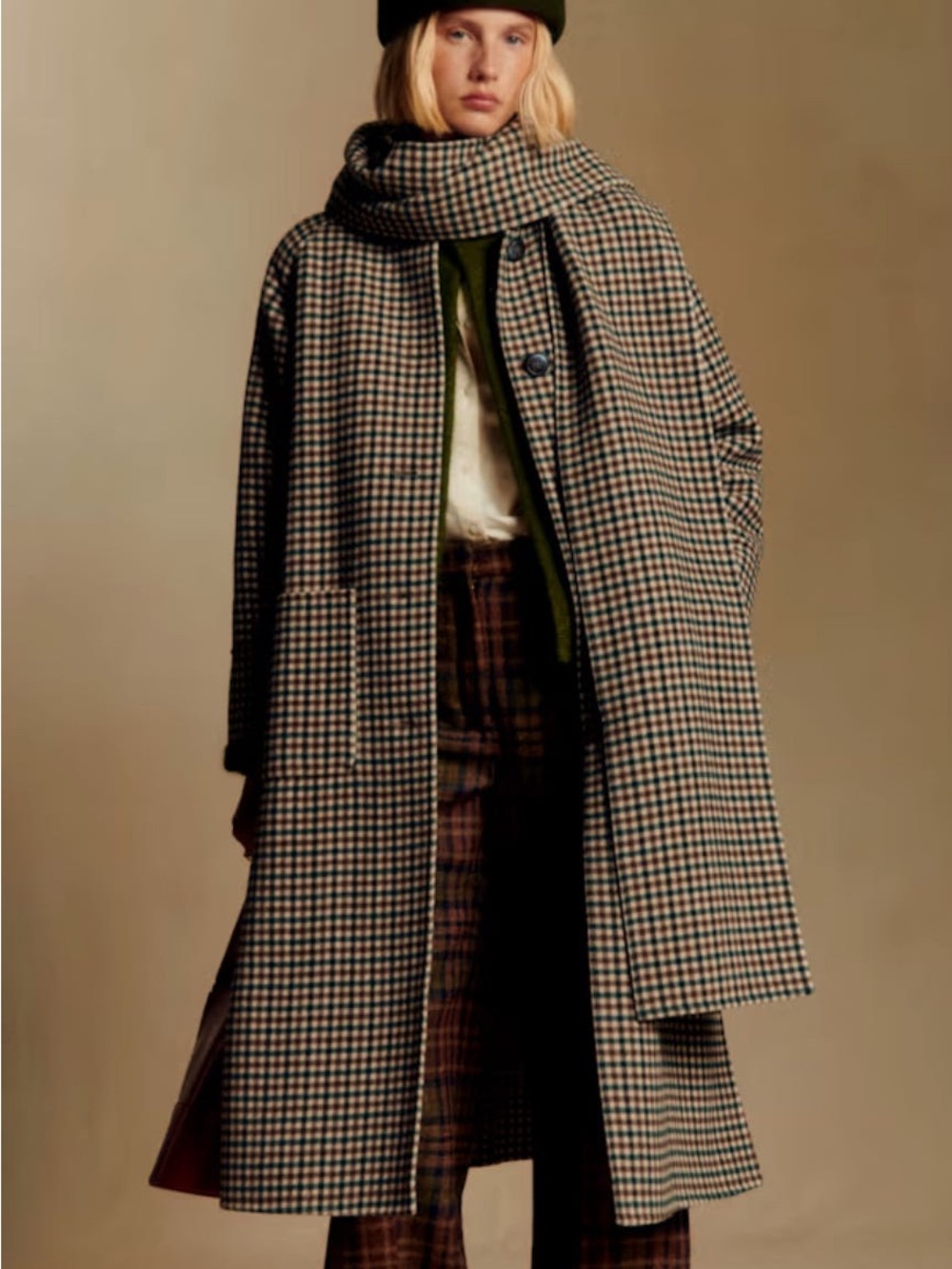 Sézane Kais Green Brown Check Coat with Removable Scarf Size 12
